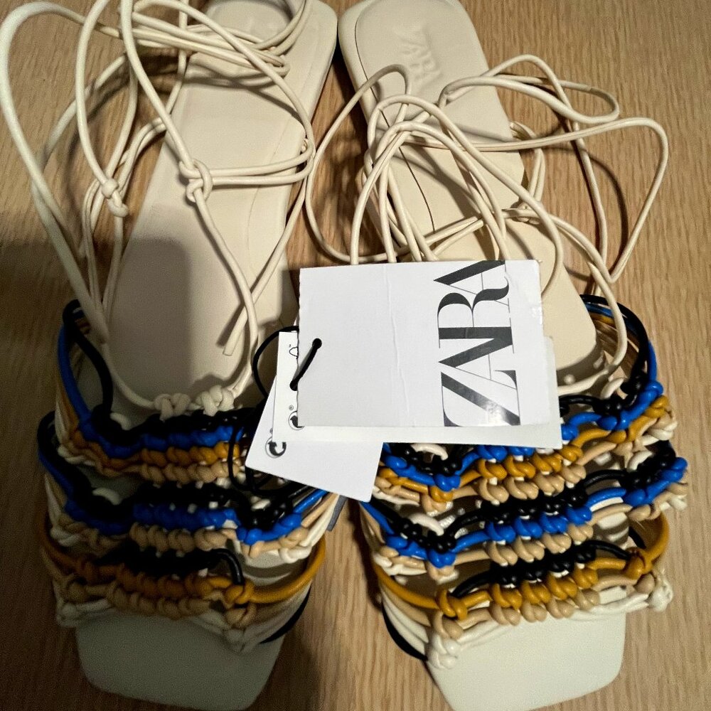 BNWT ZARA Zara Crochet Square Toe Lace-Up Sandals Flat in blue / yellow (8) EU39